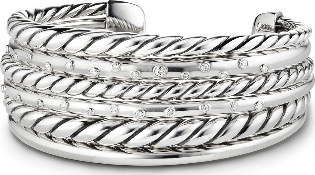 David Yurman Pure Form Silver Multi-Row Cuff Bracelet w/ Diamonds