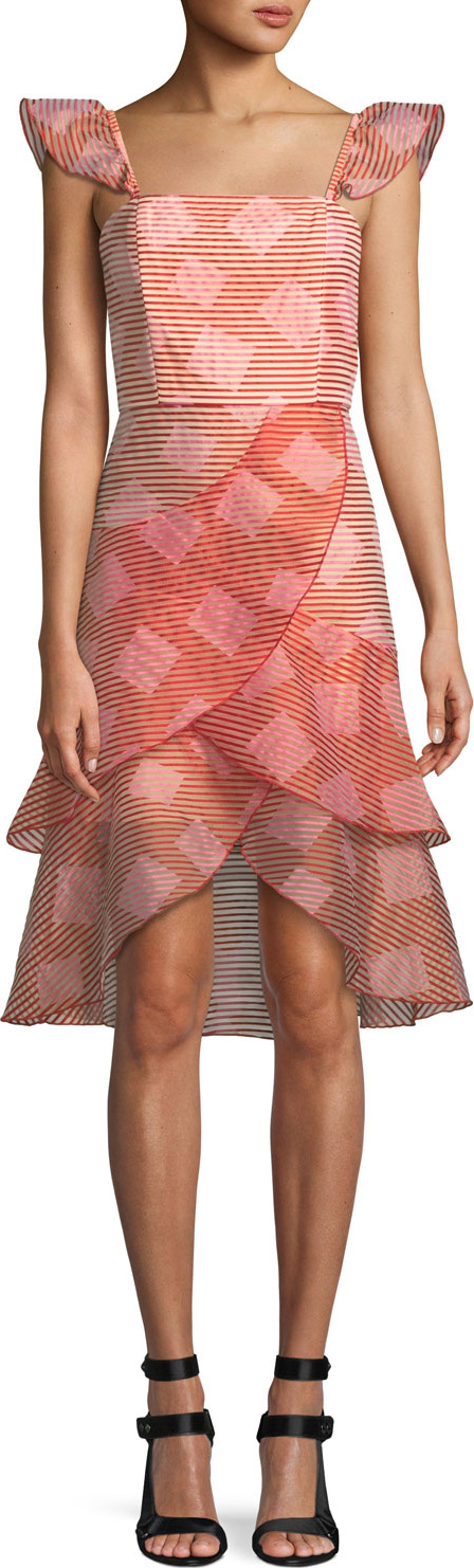 Alice + Olivia Angelita Striped Ruffle Asymmetric Midi Dress