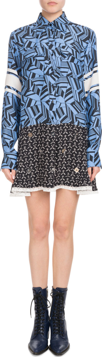 Chloe Long-Sleeve Button-Front Geometric-Print Silk Dress w/ Mirror Grommets