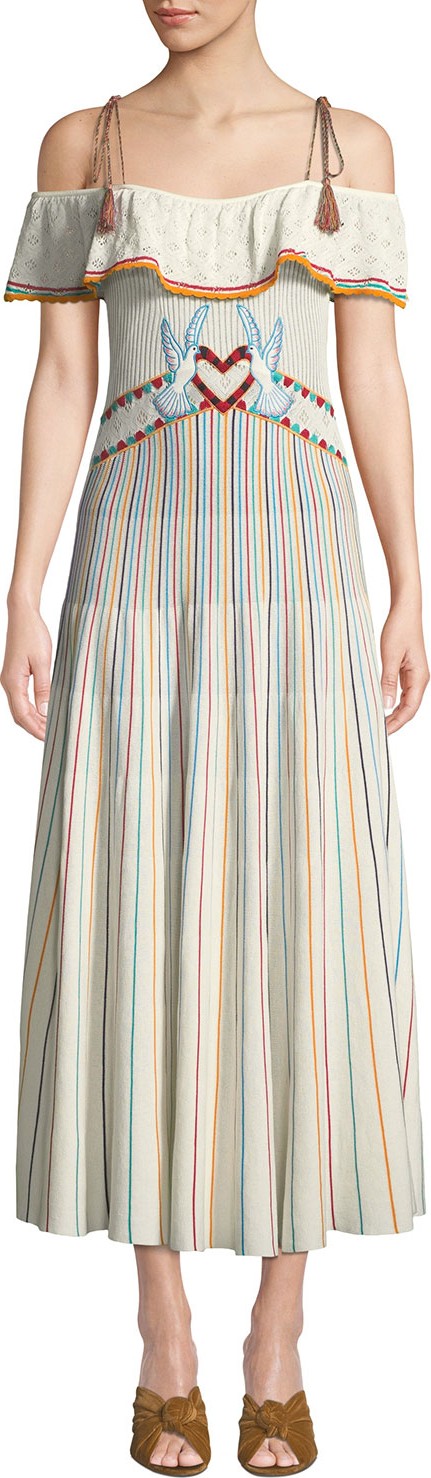 RED Valentino Long Off-the-Shoulder Multicolor Striped Yarn Dress