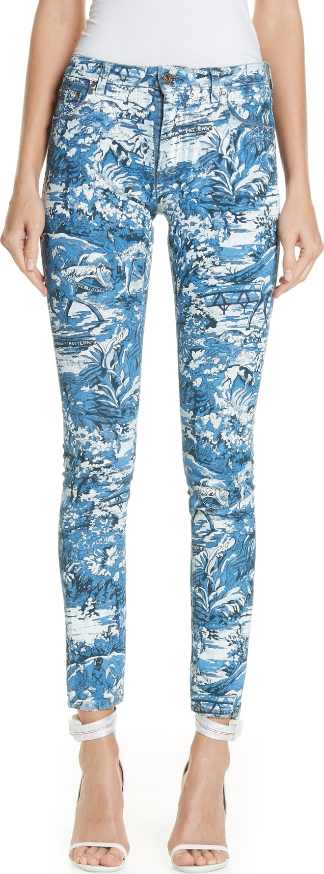 Off White Tapestry Print Skinny Jeans