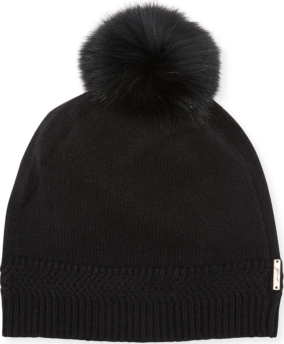 Gorski Knit Cashmere Beanie Hat w/ Fur Pompom