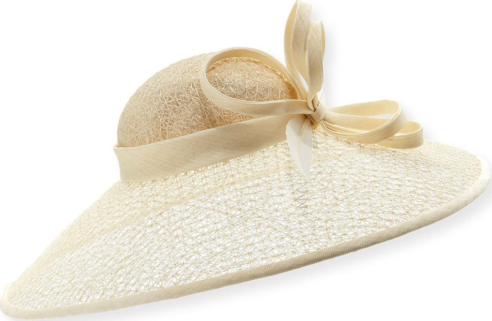 Rachel Trevor Morgan Textured Mesh Straw Hat w/ Twist & Feather Trim