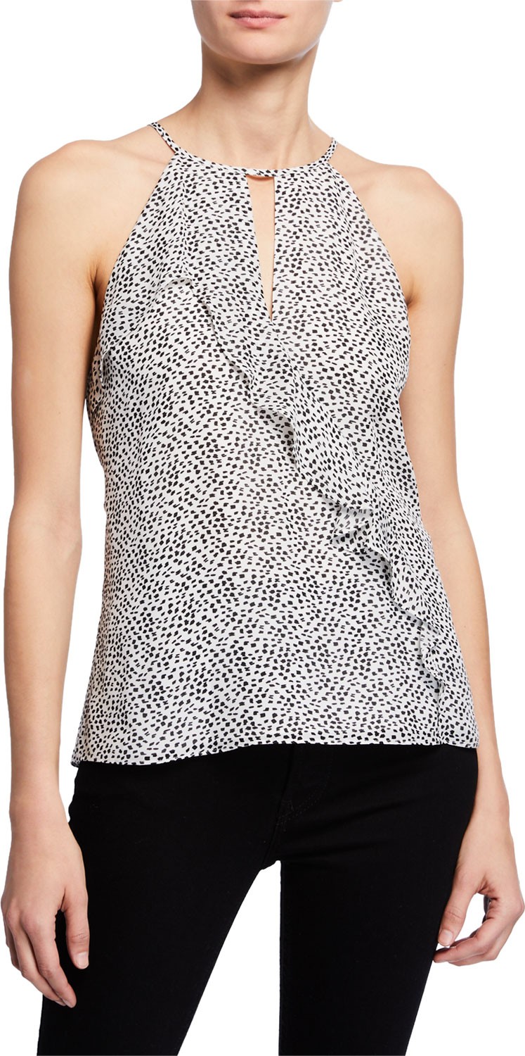 Parker Ashley Spotted-Print Halter Top with Ruffle Trim