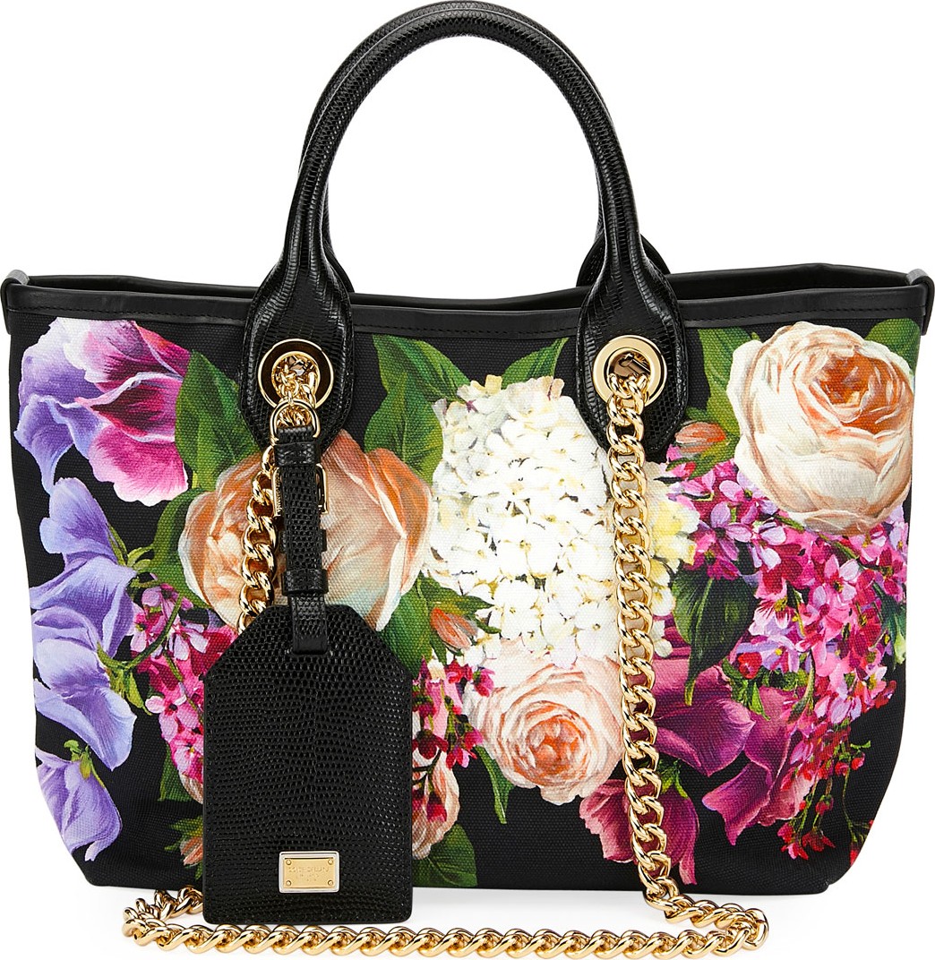 Dolce & Gabbana Flower Canvas and Leather Shopper Tote Bag with Chain