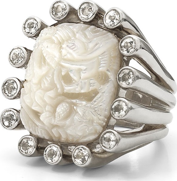Stephen Dweck Carved Mother-of-Pearl Ring with White Topaz