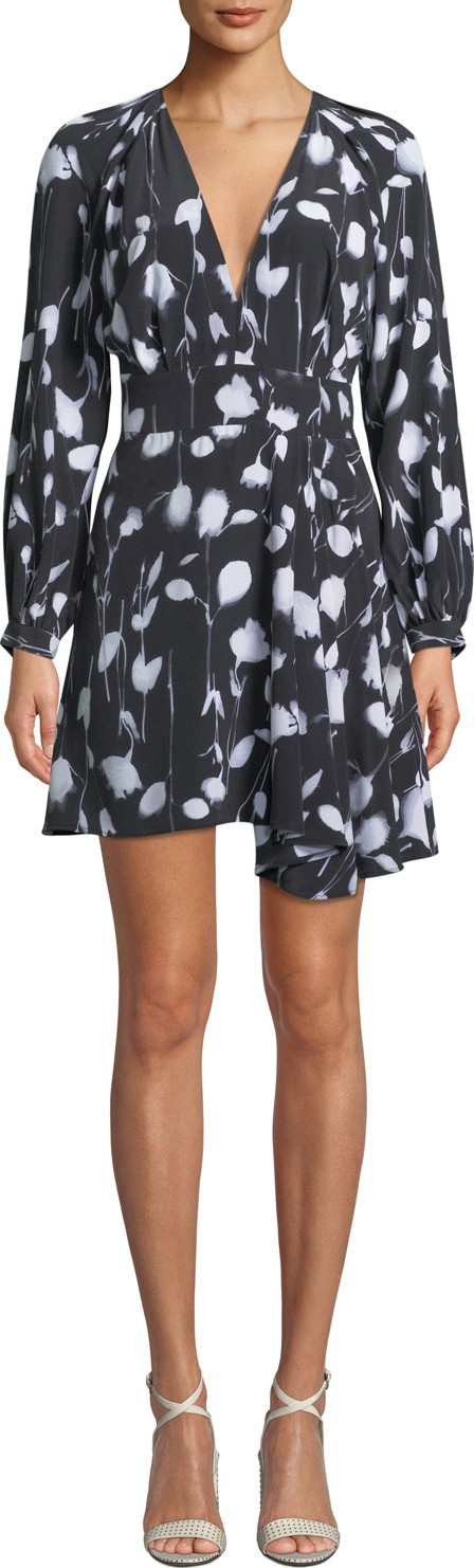 Equipment Alexandria V-Neck Long-Sleeve Abstract Floral-Print Short Dress