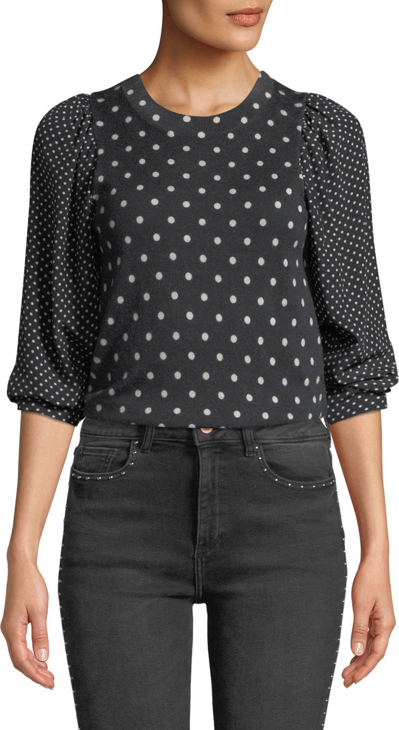 Rebecca Taylor Dot-Print Wool-Silk Crewneck Pullover Top