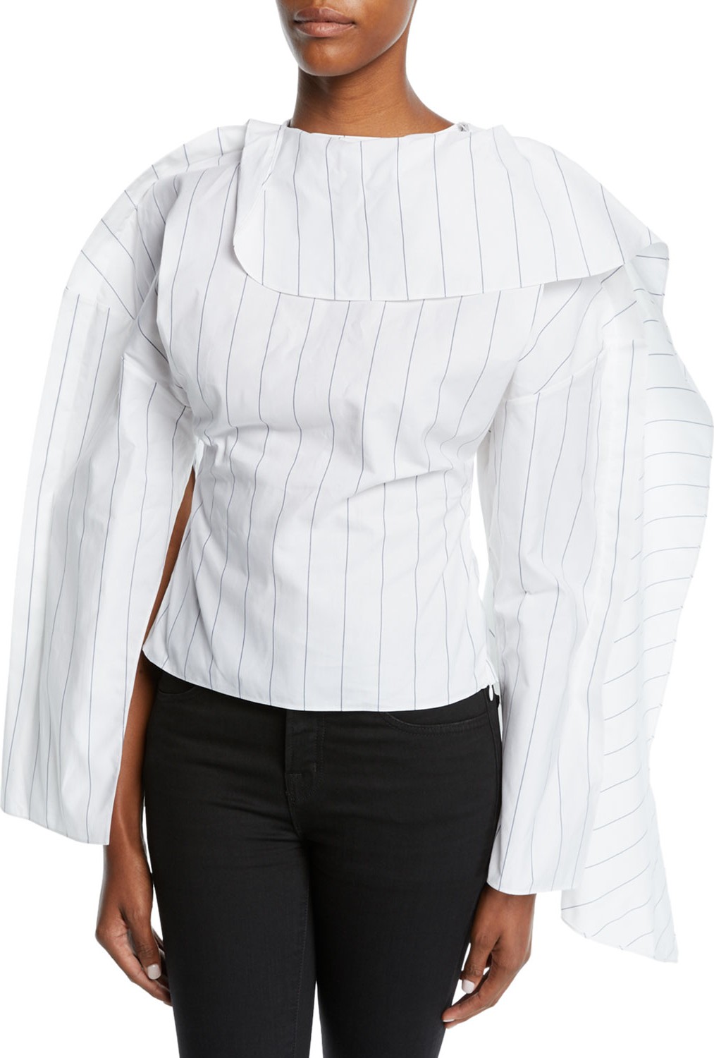 A.W.A.K.E Backless Volume-Sleeve Striped Top