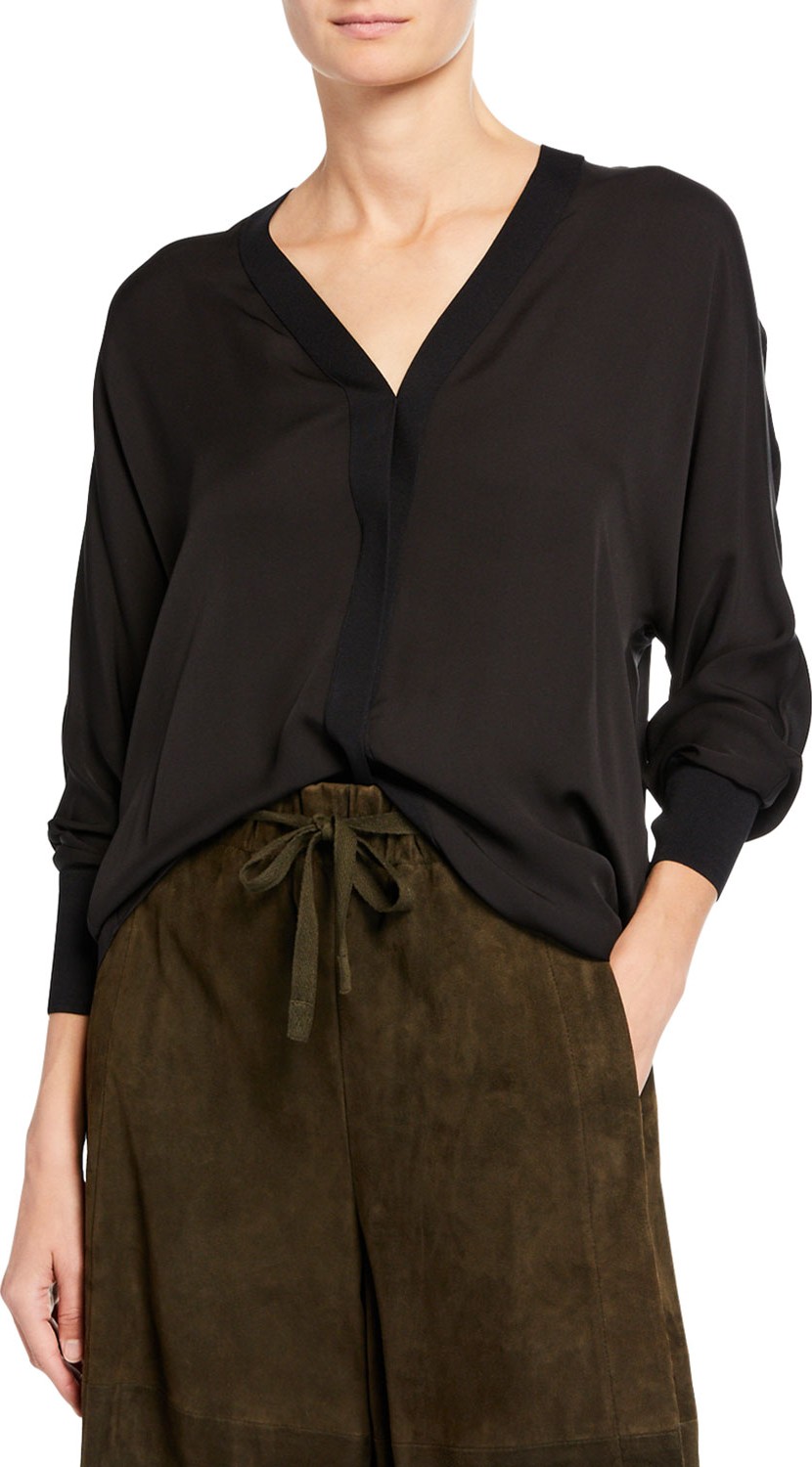 Vince Rib-Trim Silk V-Neck Shirt