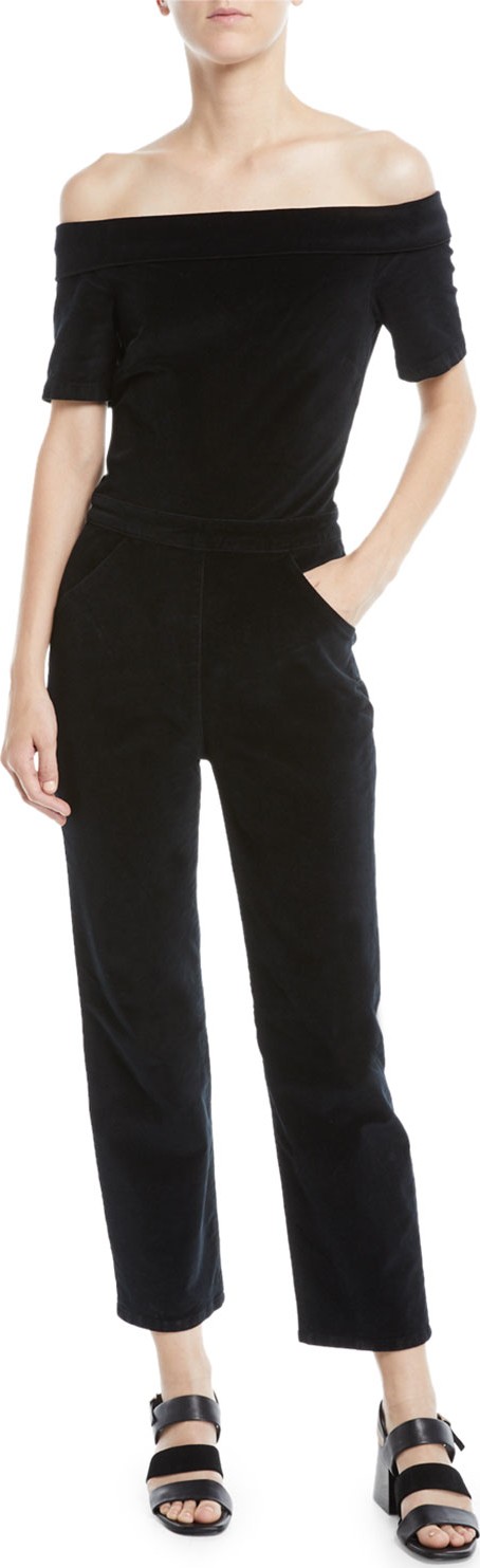 3X1 Off-Shoulder Velvet Straight-Leg Romper