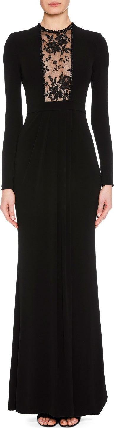 Alexander McQueen Long-Sleeve Column Evening Gown with Lace-Inset