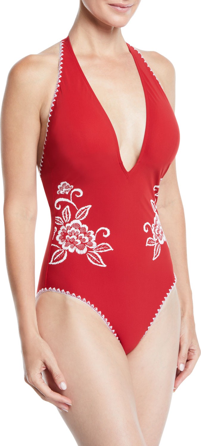 Johnny Was Daize Embroidered Halter One-Piece Swimsuit