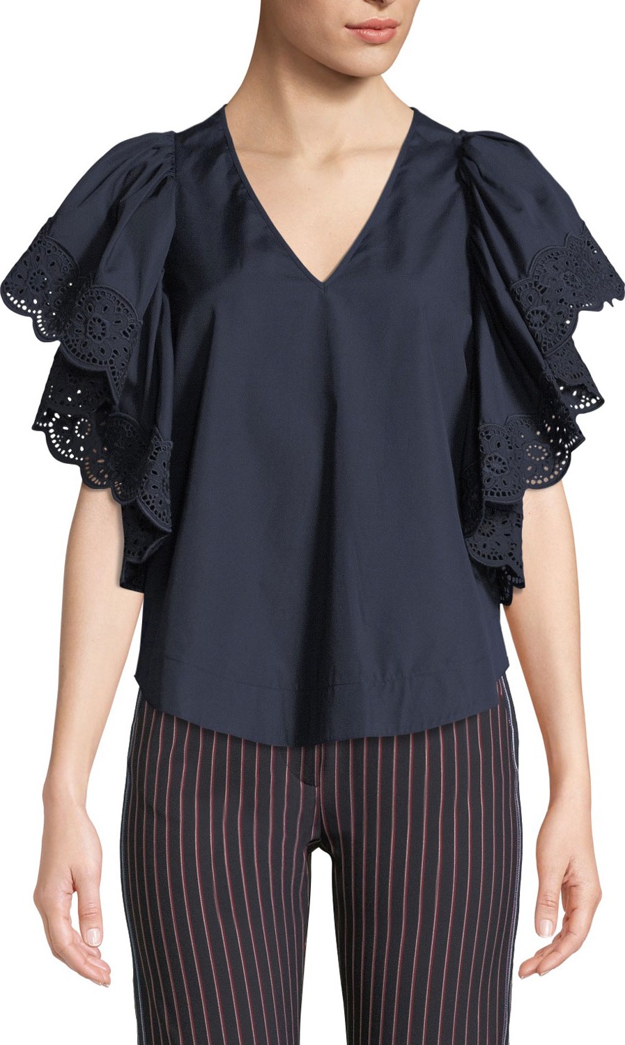 See By Chloé Ruffle-Sleeve Poplin V-Neck Top