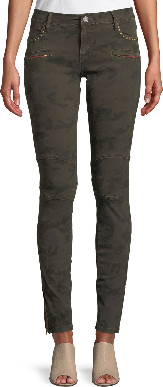 Etienne Marcel Studded Camo-Print Skinny Jeans w/ Zipper Cuffs