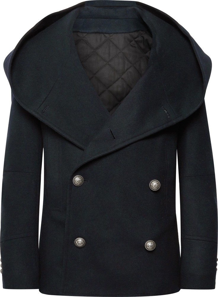 Balmain Slim-Fit Wool-Blend Hooded Peacoat