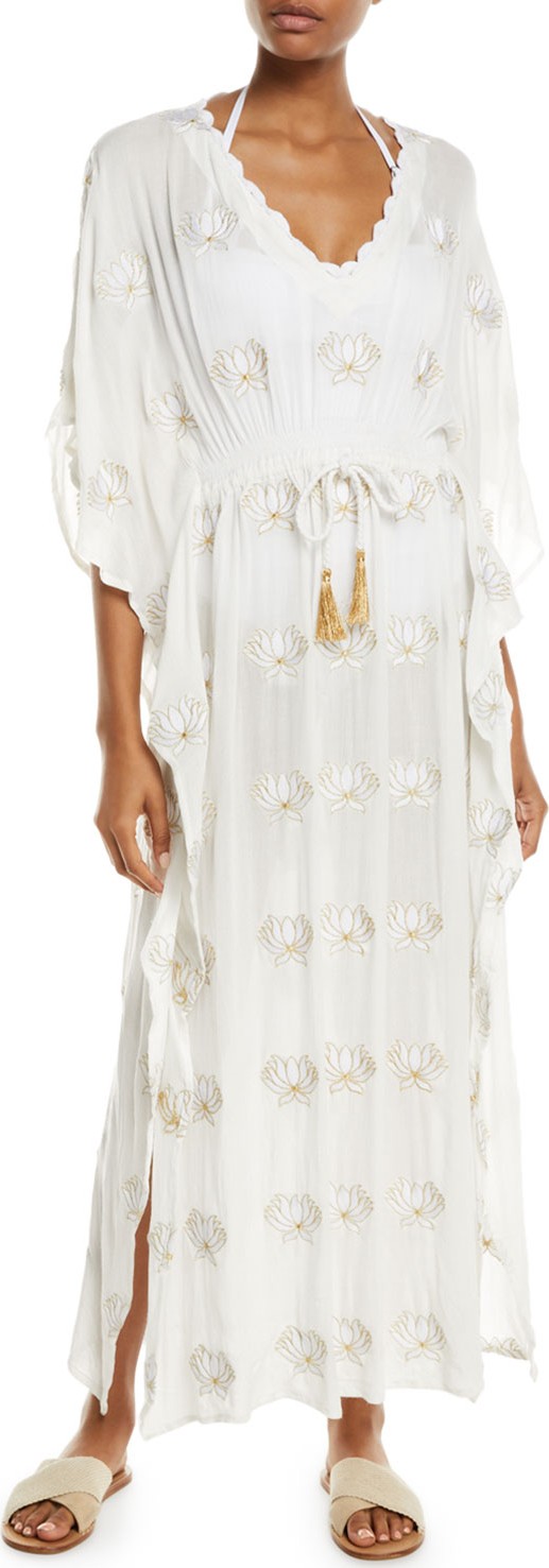 Letarte Embroidered Lotus V-Neck Long Caftan