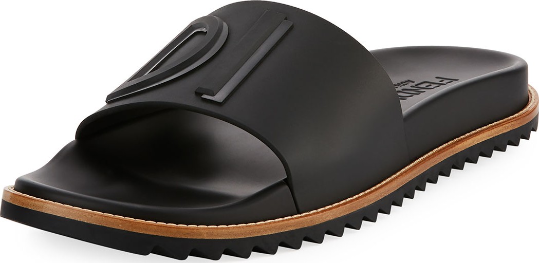 Fendi Rubber Slide Sandals w/ Raised Logo Detail