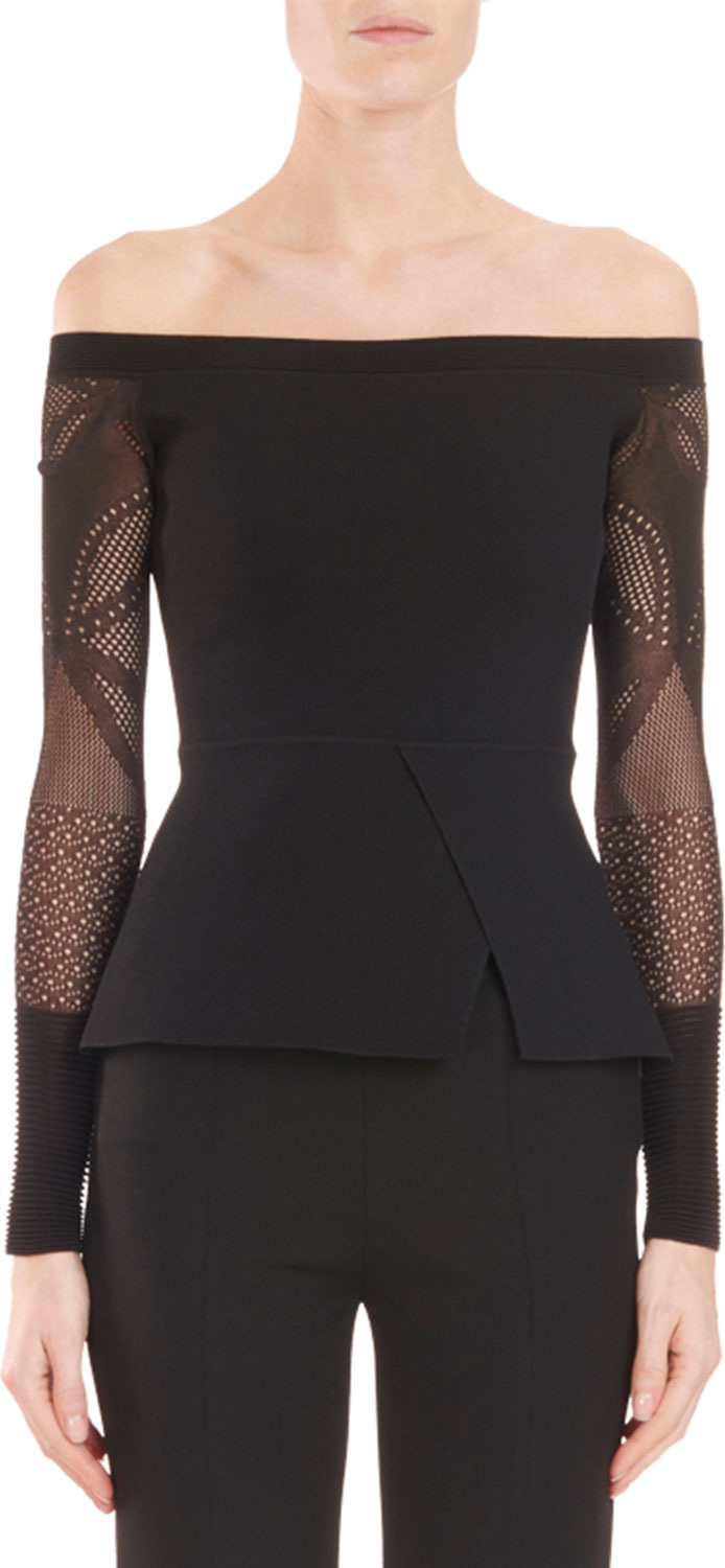 Roland Mouret Off-the-Shoulder Peplum Knit Top with Lace Sleeves