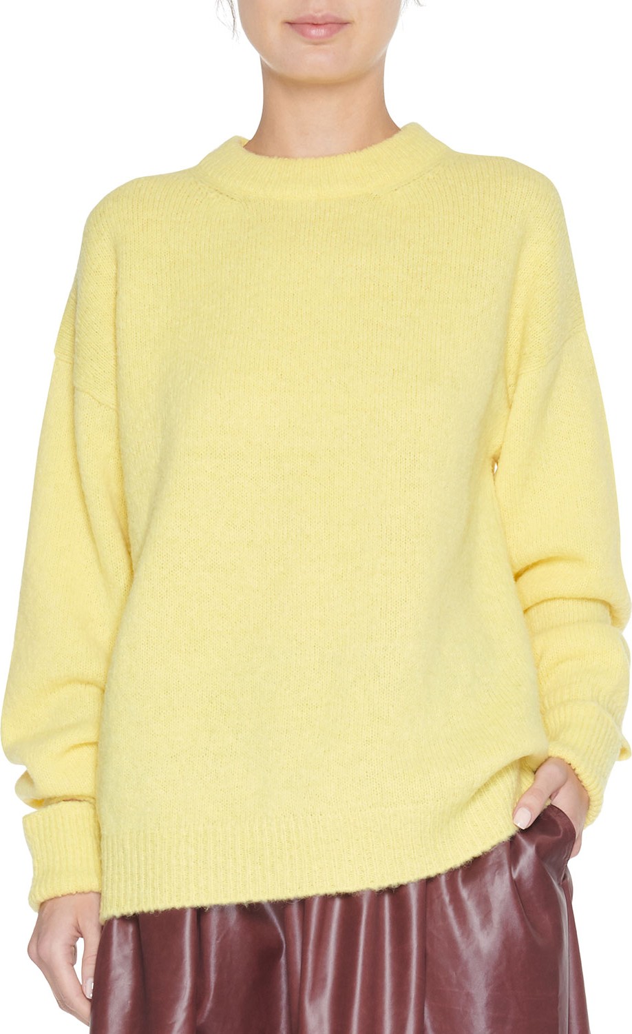 Tibi Crewneck Airy Alpaca Sweater with Arm Band Cuffs