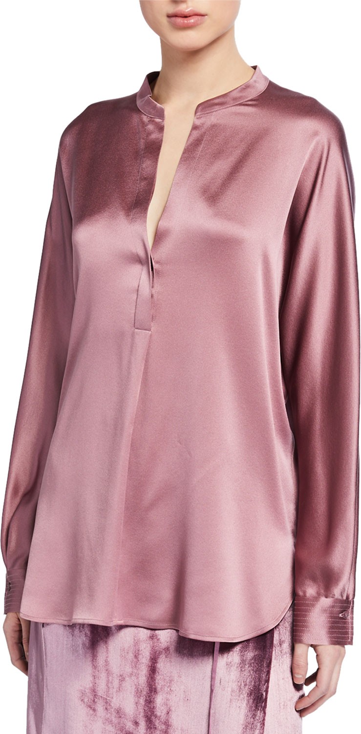 Vince Silk Satin Band Collar Blouse