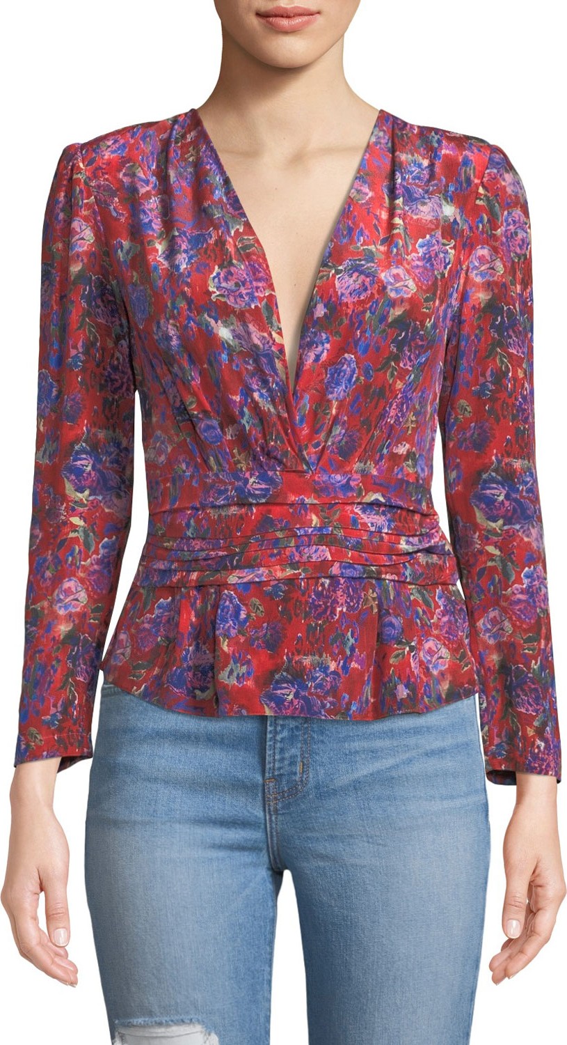 IRO Hurl V-Neck Long-Sleeve Floral-Print Silk Top