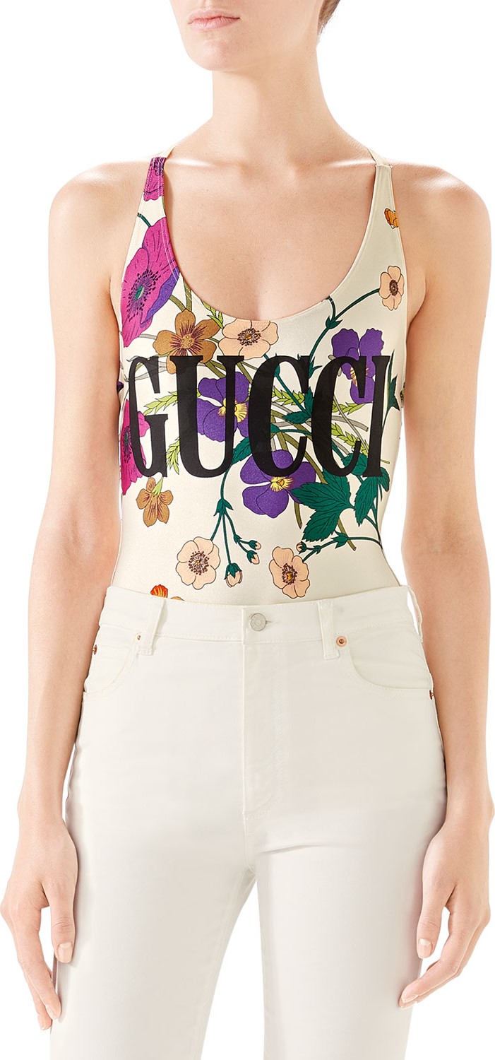 Gucci Sparkling Swimsuit with Flora Gothic and Logo Print