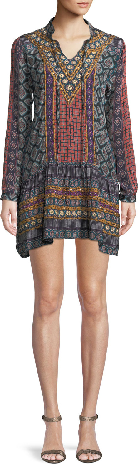 Tolani Rory V-Neck Mixed-Print Flounce-Hem Tunic Dress w/ Embroidery
