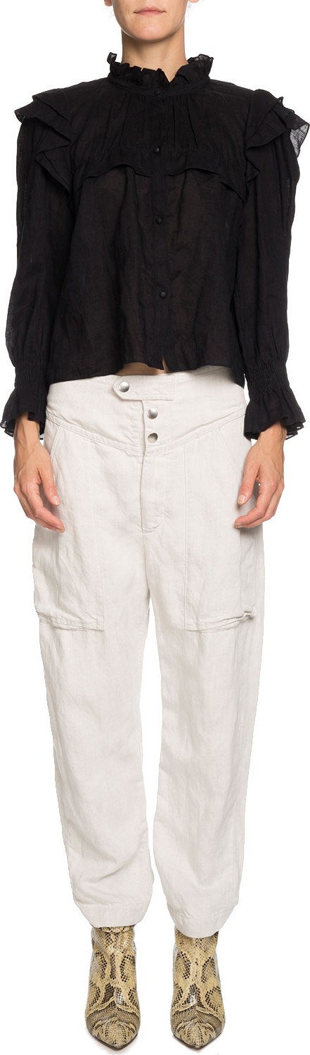 Isabel Marant Etoile Tedy Linen High-Neck Ruffle Top