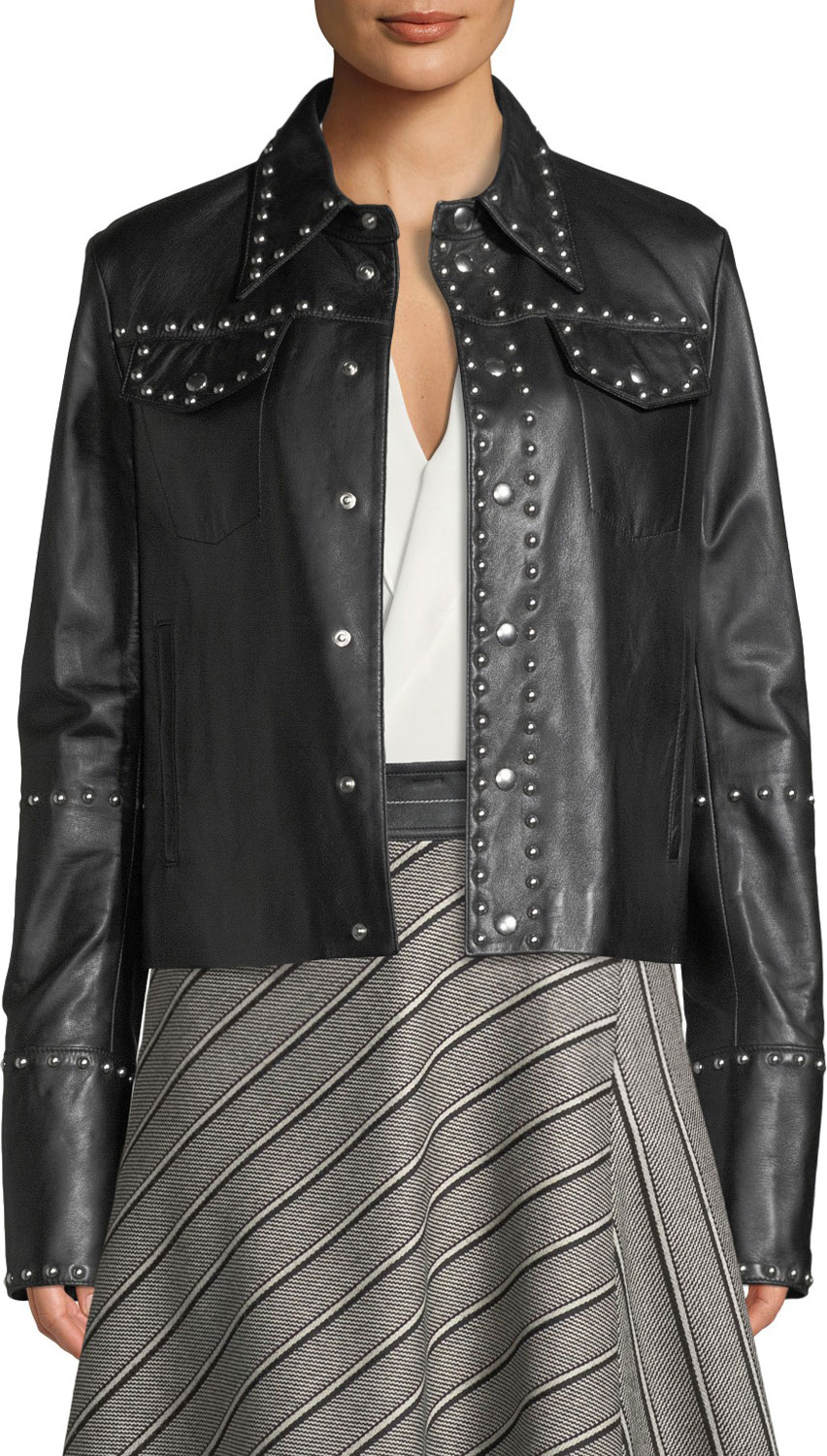 Helmut Lang Studded Snap-Front Leather Moto Jacket