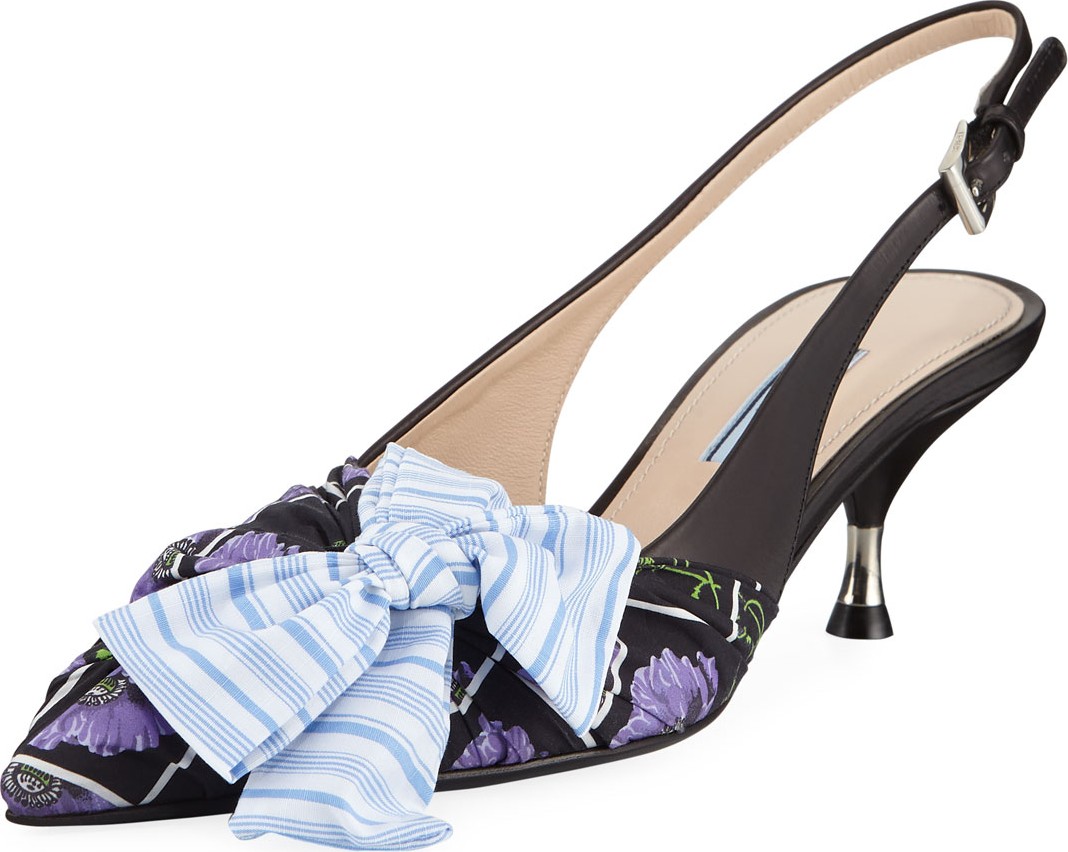 Prada Fabric & Leather Kitten-Heel Slingback Pumps with Bow