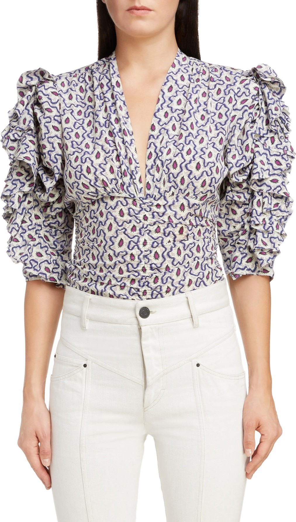 Isabel Marant Print Ruffle Sleeve Stretch Silk Top