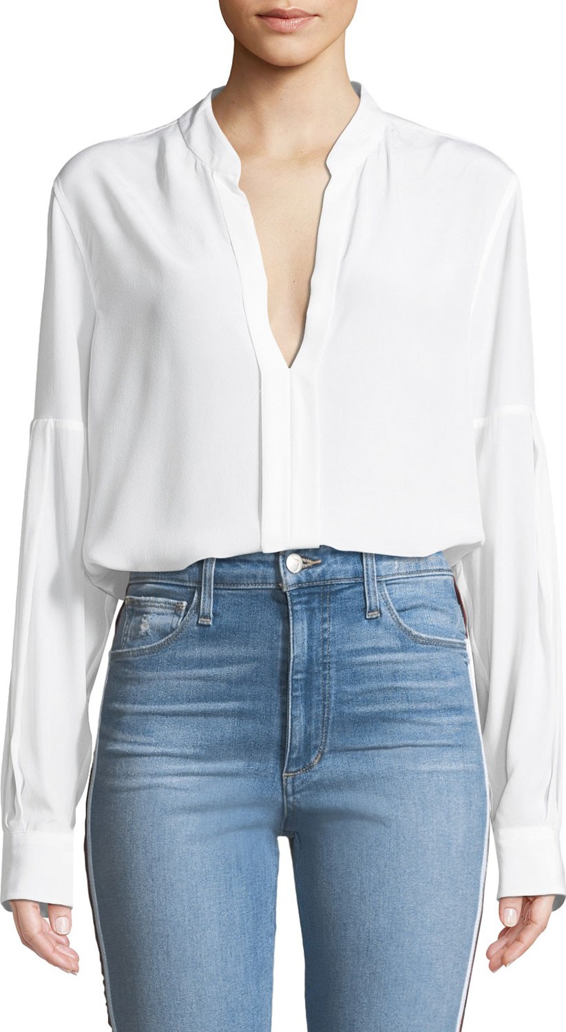 Equipment Estella Long-Sleeve Silk V-Neck Blouse