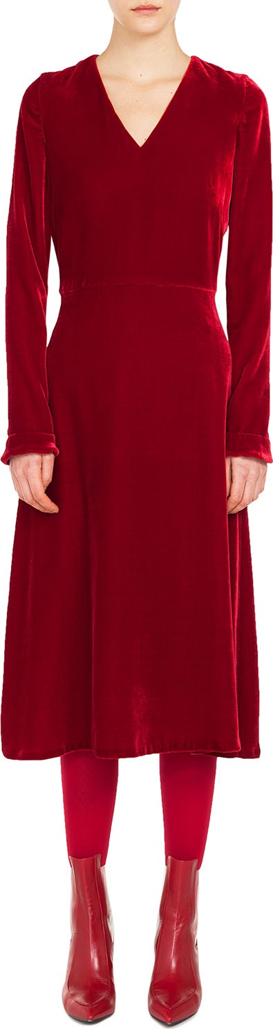 Akris Punto V-Neck Long-Sleeve A-Line Velvet Midi Dress