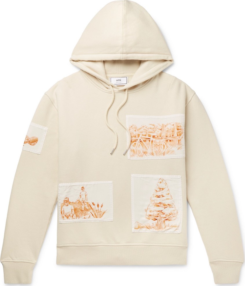 AMI Appliquéd Fleece-Back Cotton-Jersey Hoodie