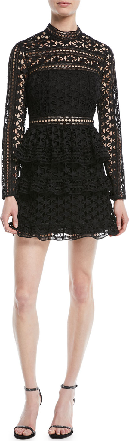 Self Portrait Star Lace Guipure Ruffle Mini Cocktail Dress