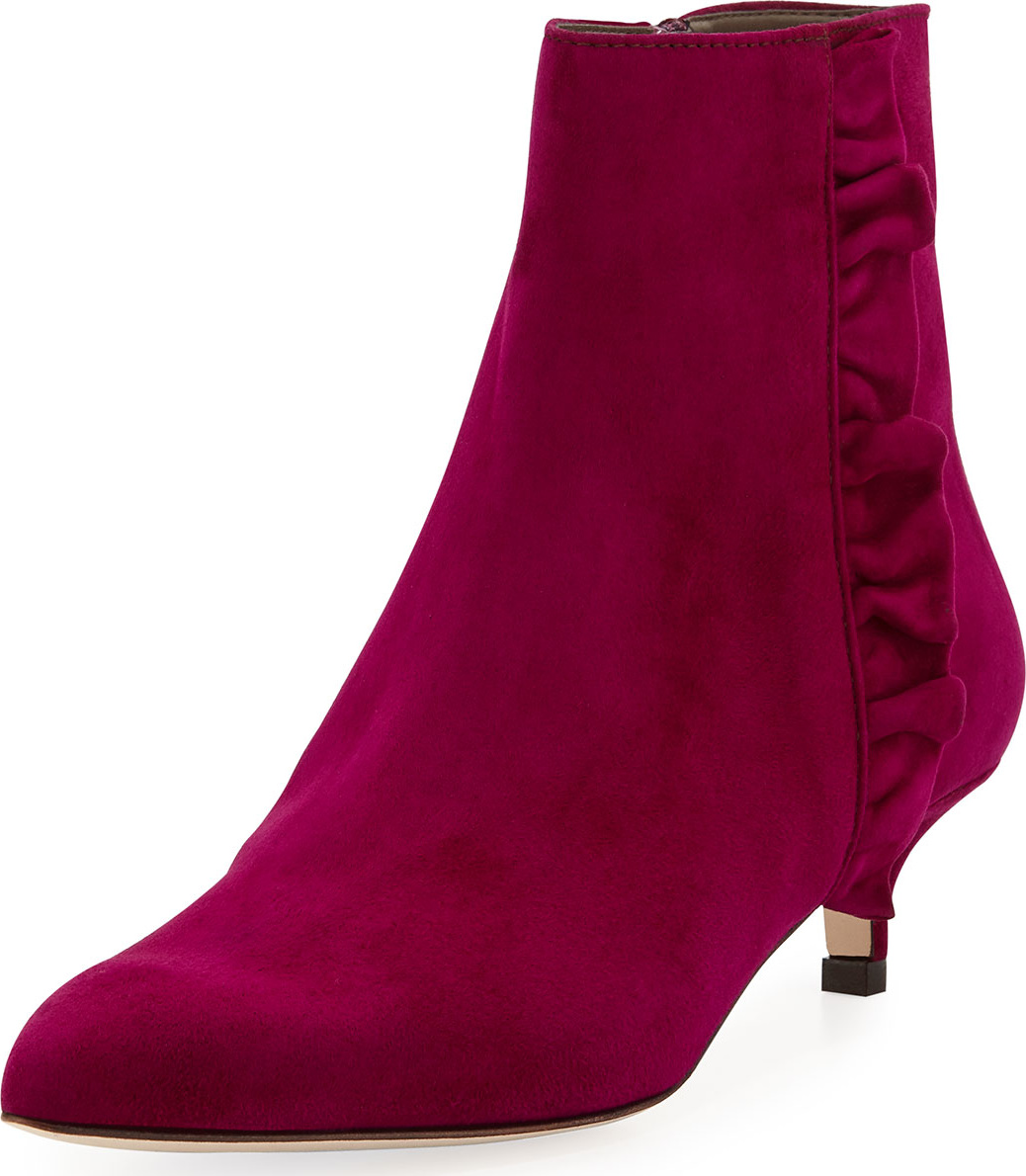 Sesto Meucci Bayley Suede Ruffle Kitten-Heel Booties