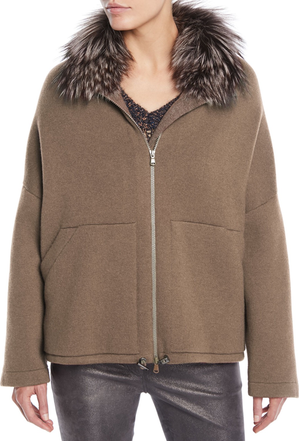 Brunello Cucinelli Fox-Fur Collar Zip-Front Cashmere Jacket