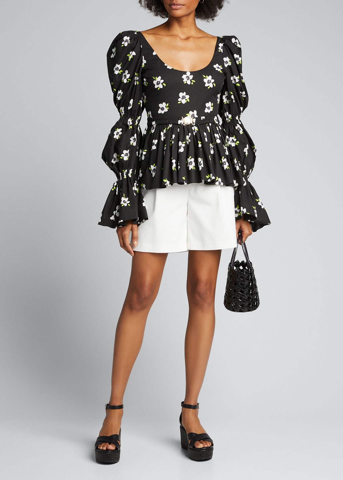 Caroline Constas Raine Belted Puff-Sleeve Top
