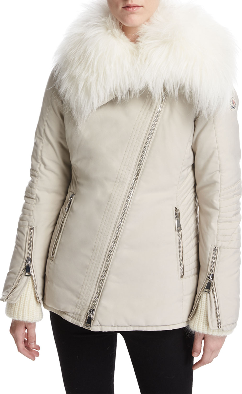 Moncler Choisia Asymmetric-Zip Jacket w/ Fur Trim