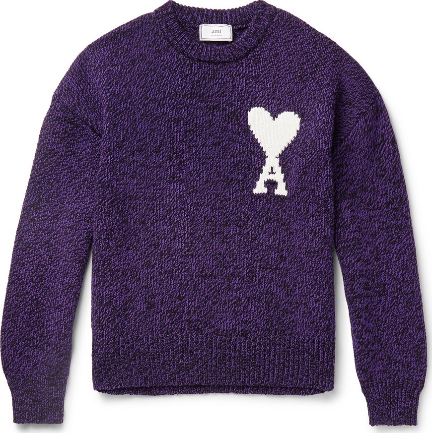 AMI Oversized Logo-Intarsia Cotton and Merino Wool-Blend Sweater
