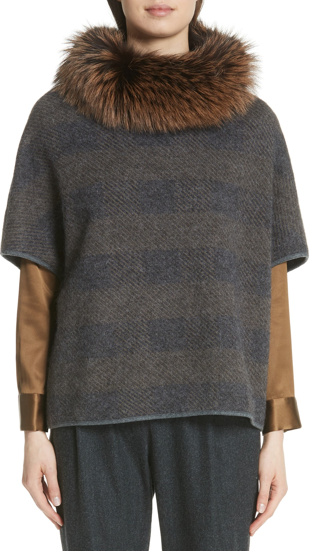 Fabiana Filippi Knit Poncho with Removable Genuine Fox Fur Collar