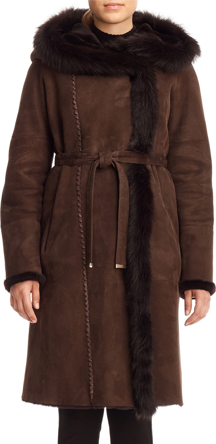 Gorski Hooded Shearling Lamb Coat with Suede Belt
