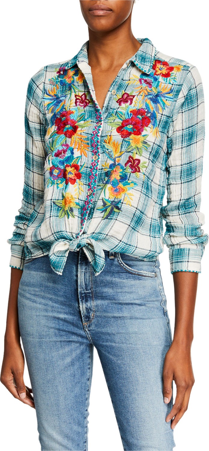 Johnny Was Nandi Estelle-Plaid Button-Down Tie-Front Shirt