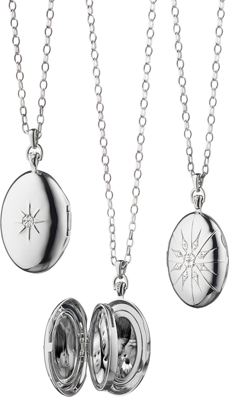 Monica Rich Kosann Sterling Silver Starburst Locket Necklace with White Sapphires