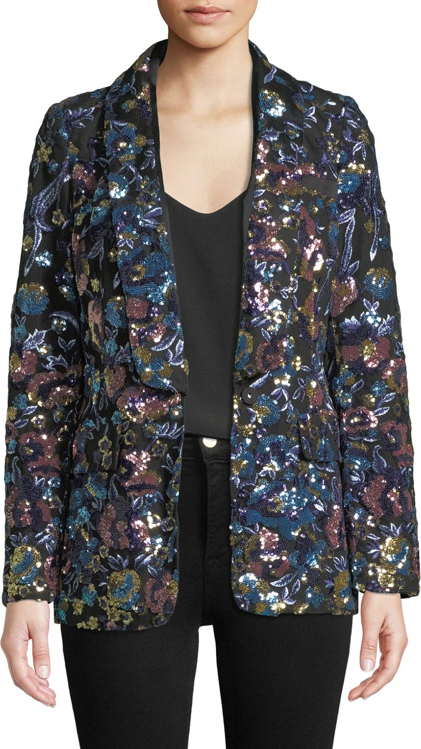 Self Portrait Floral Sequin Single-Button Jacket