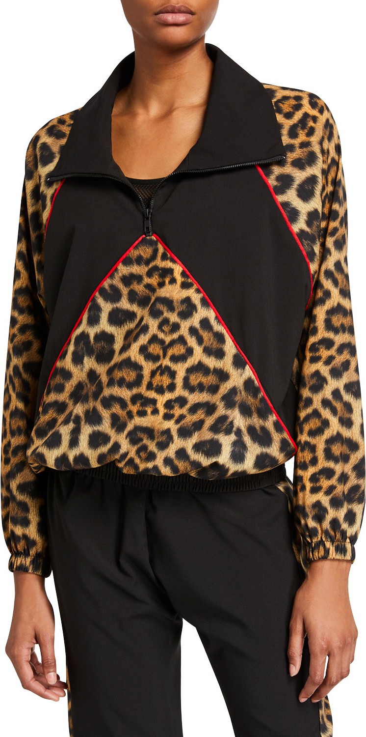 Terez Leopard Blocked Quarter-Zip Wind-Resistant Jacket