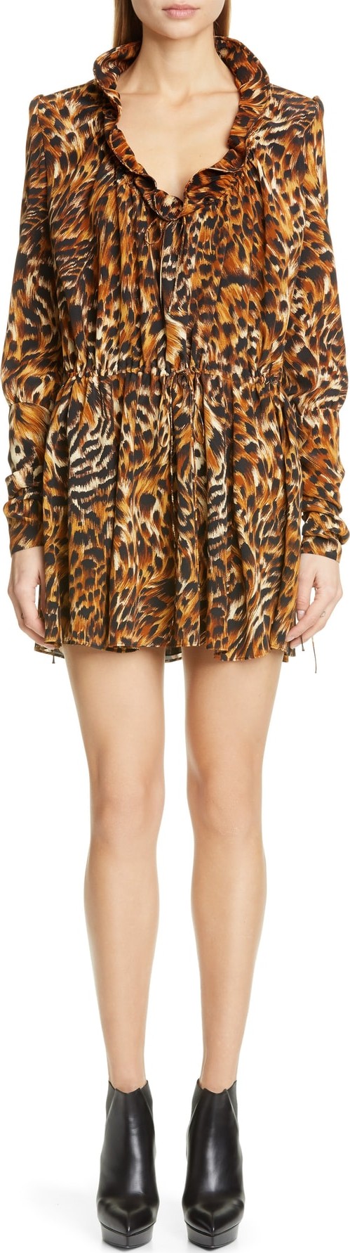 Saint Laurent Leopard Print Ruffle Neck Silk Minidress
