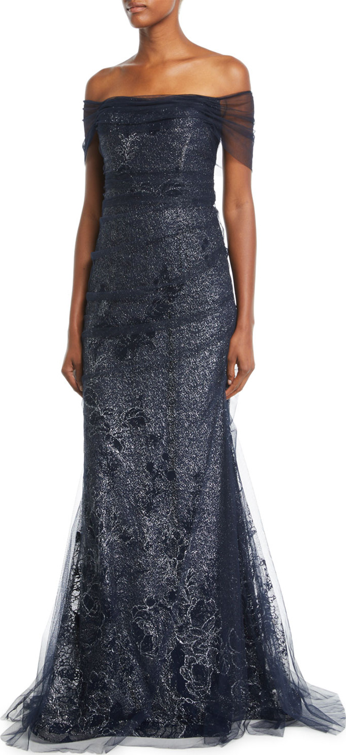 Rickie Freeman for Teri Jon Metallic Lace Off-the-Shoulder Mermaid Evening Gown