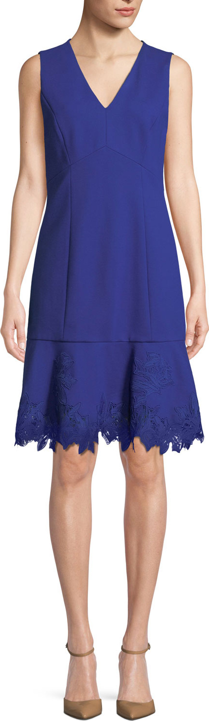Elie Tahari Darianna V-Neck Sleeveless A-Line Crepe Dress w/ Lace Hem Elie Tahari Darianna V-Neck Sleeveless A-Line Crepe Dress w/ Lace Hem